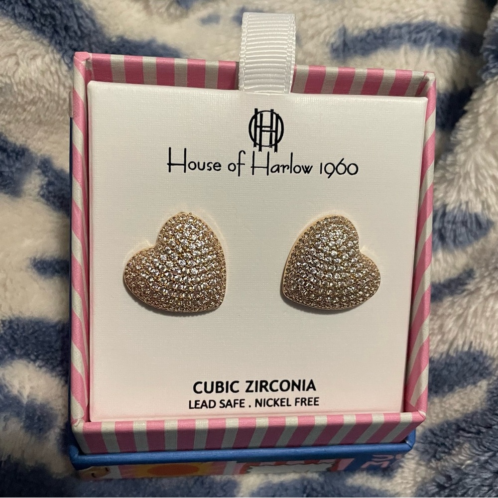 Brand New Never Worn House of Harlow 1960 Cubic Zirconia Gold Heart Earrings